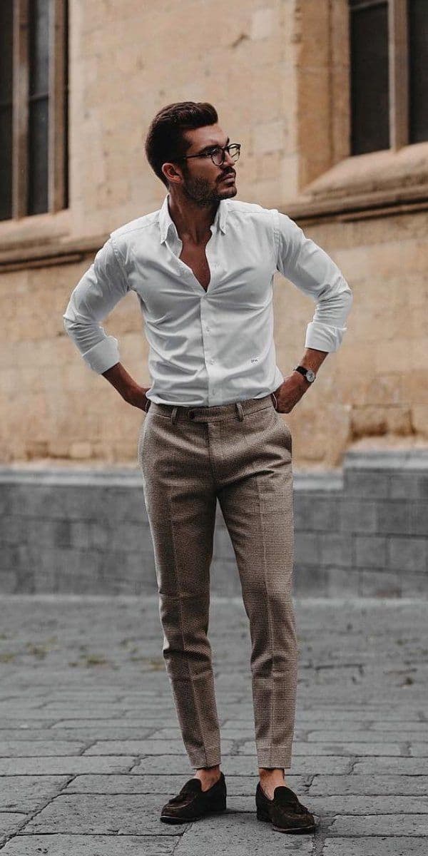 White Shirt, Beige Pants
